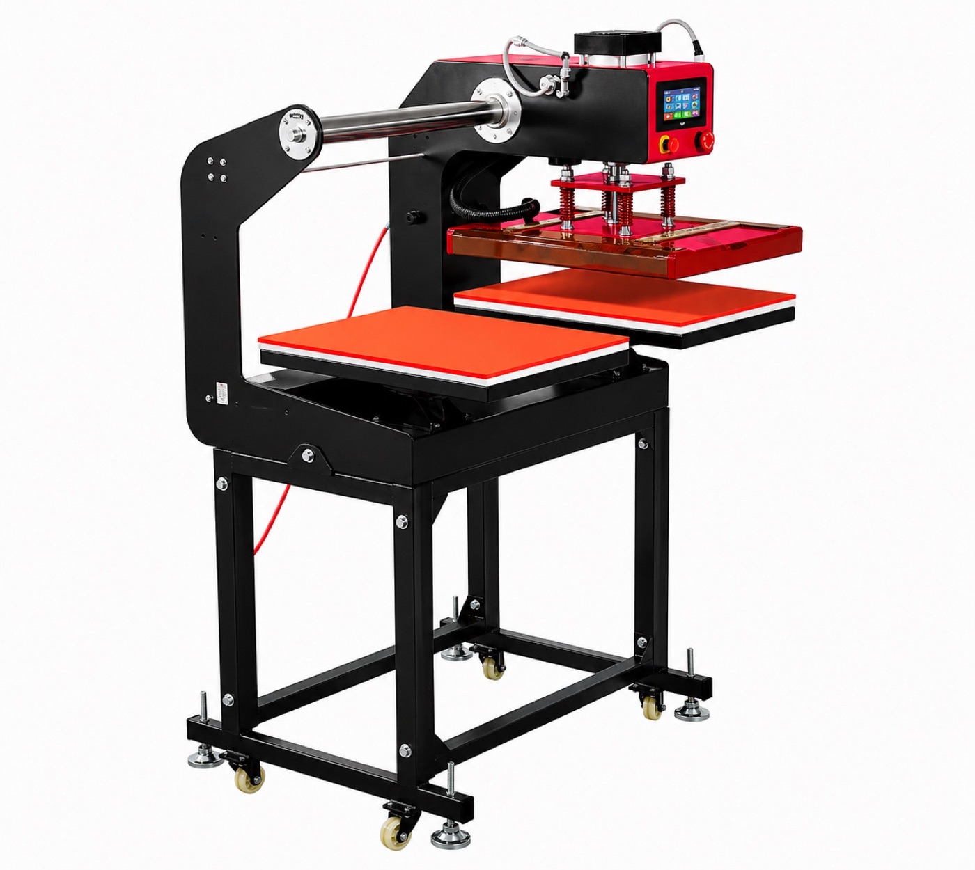 Dual-platform heat press seen from the side, both platens extended