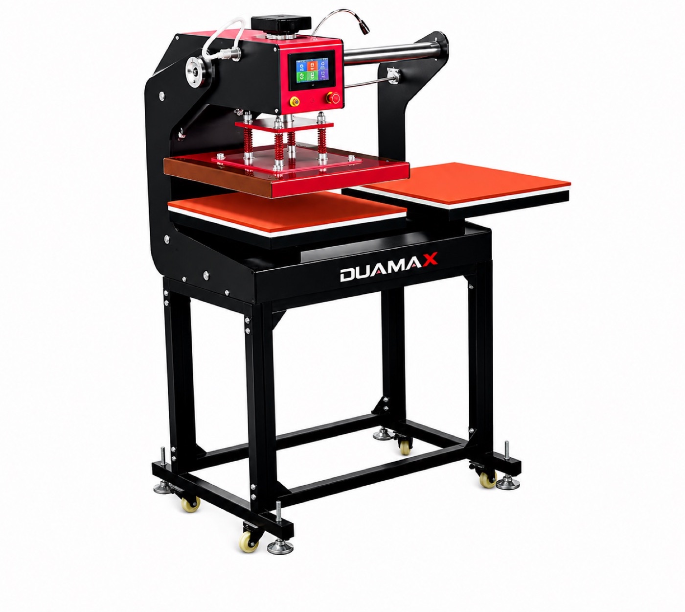 Dual-platform pneumatic heat press on a wheeled stand