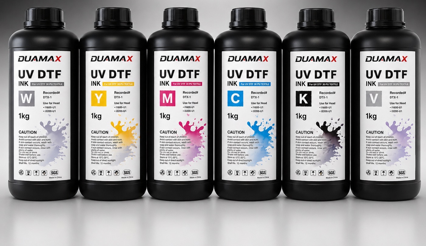 UV DTF ink, 1 kg bottles in six colors including white and varnish