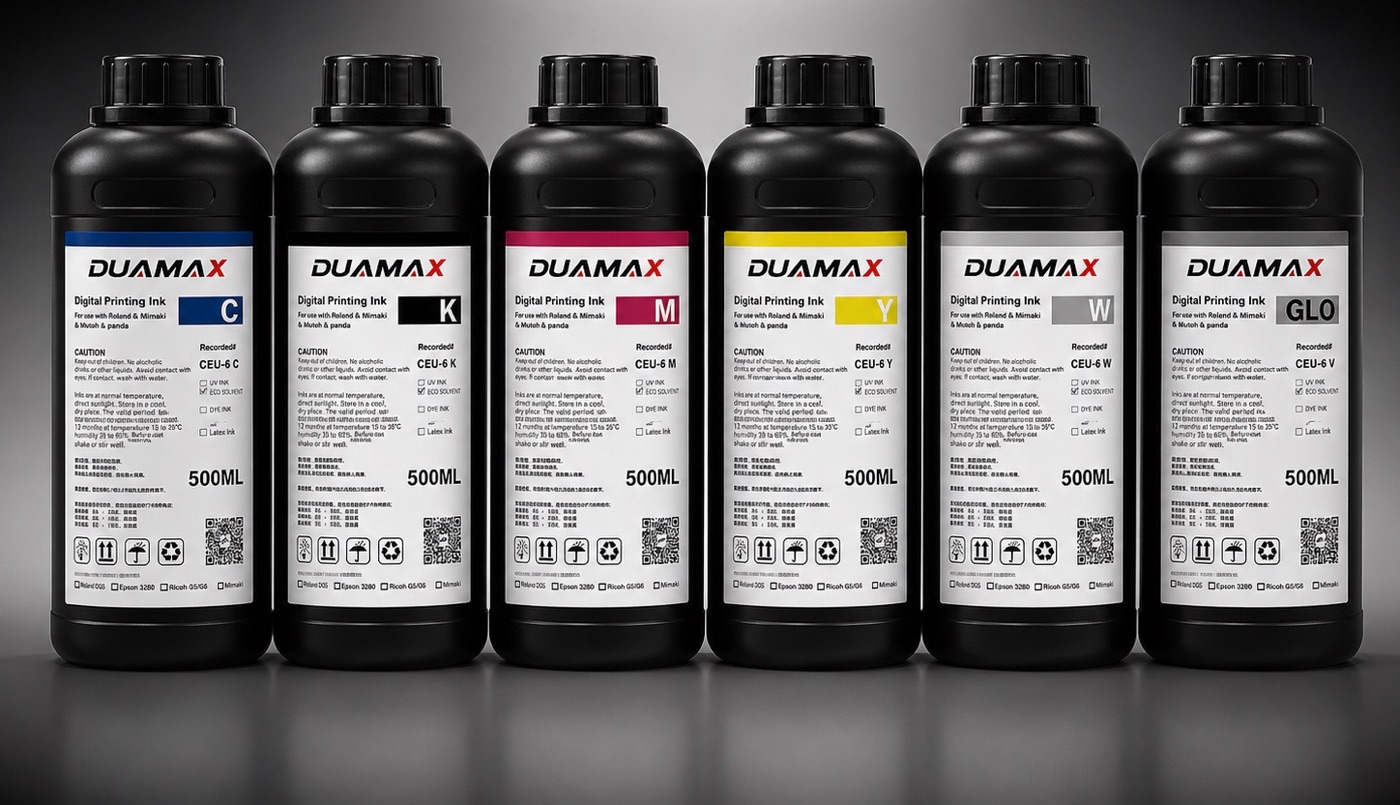 UV digital printing ink in 500 ml bottles, six colors including white and gloss